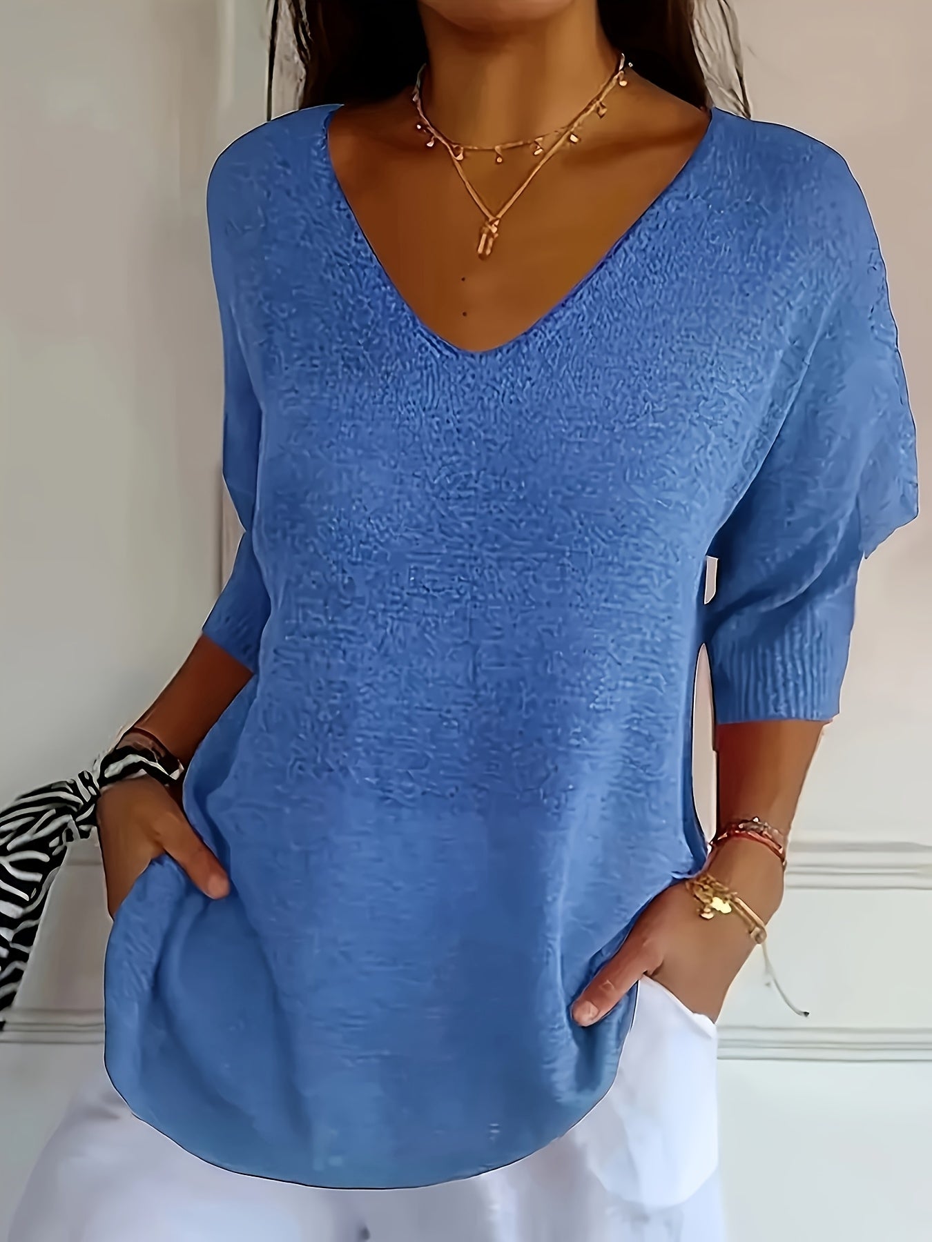 Women’s Plus Size V-Neck Knit Top Soft Blue Ribbed Oversized Pullover