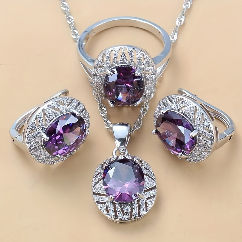 Silver-Plated Bridal Jewelry Set with Cubic Zirconia Necklace Earrings Rings 4 Piece