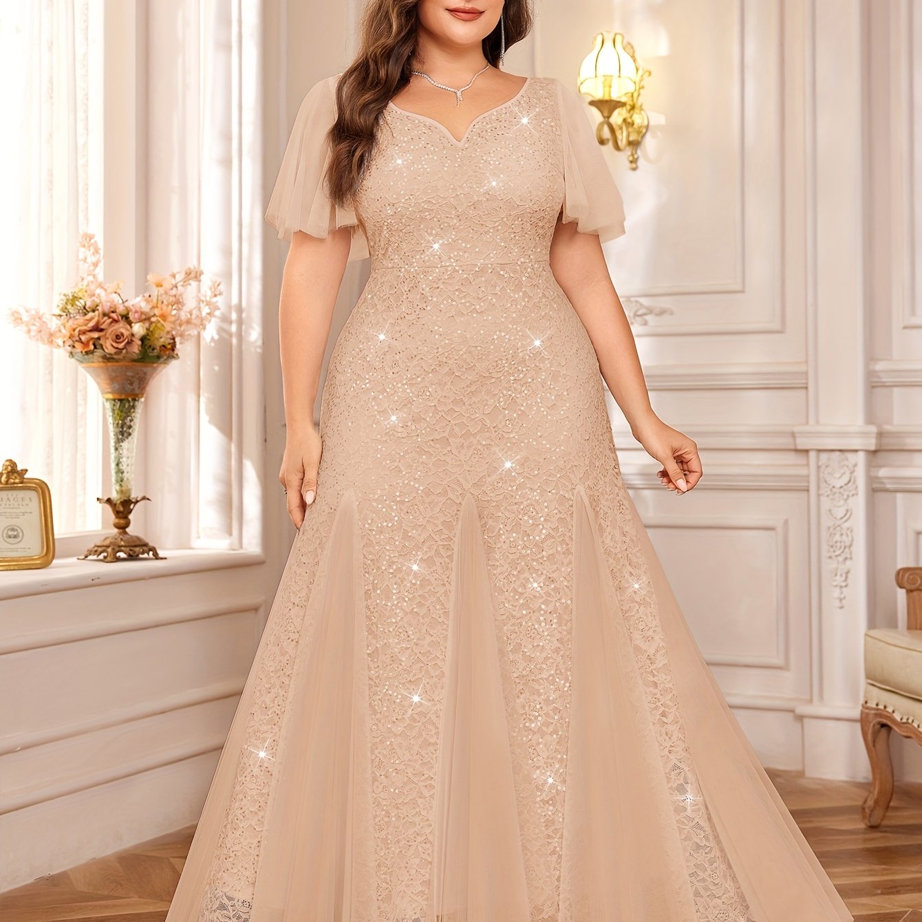 Vestido largo de encaje para mujer talla grande sin mangas con escote en V y dobladillo acampanado para boda