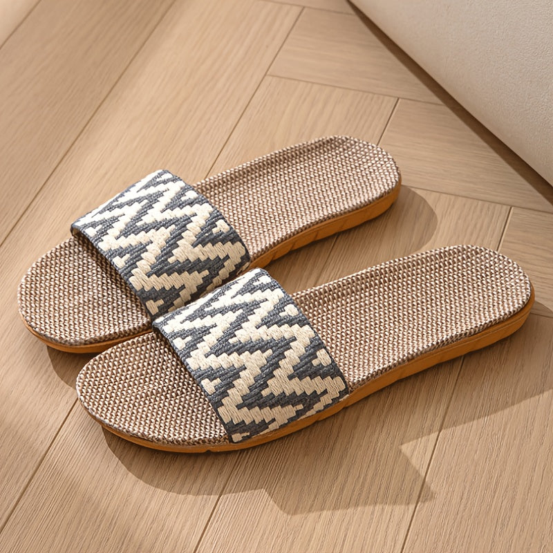 Unisex Linen Slip-On Slippers with Chevron Pattern Non-Slip EVA Sole