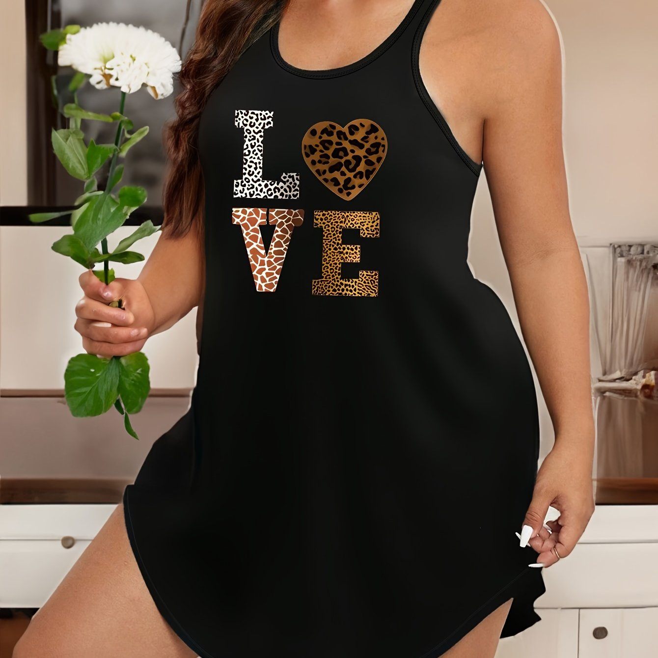 Women's Semi-Sheer Leopard Print Tank Dress with LOVE Lettering and Crew Neck