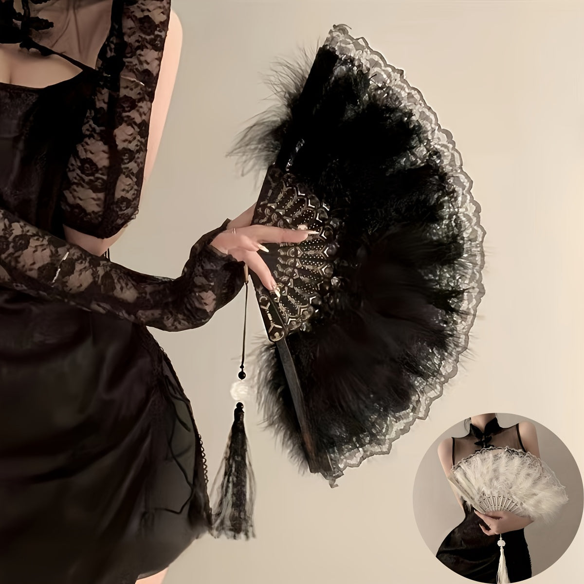 Vintage Style Faux Feather Lace Folding Fan Black White Elegant Accessory for Dance Photoshoots