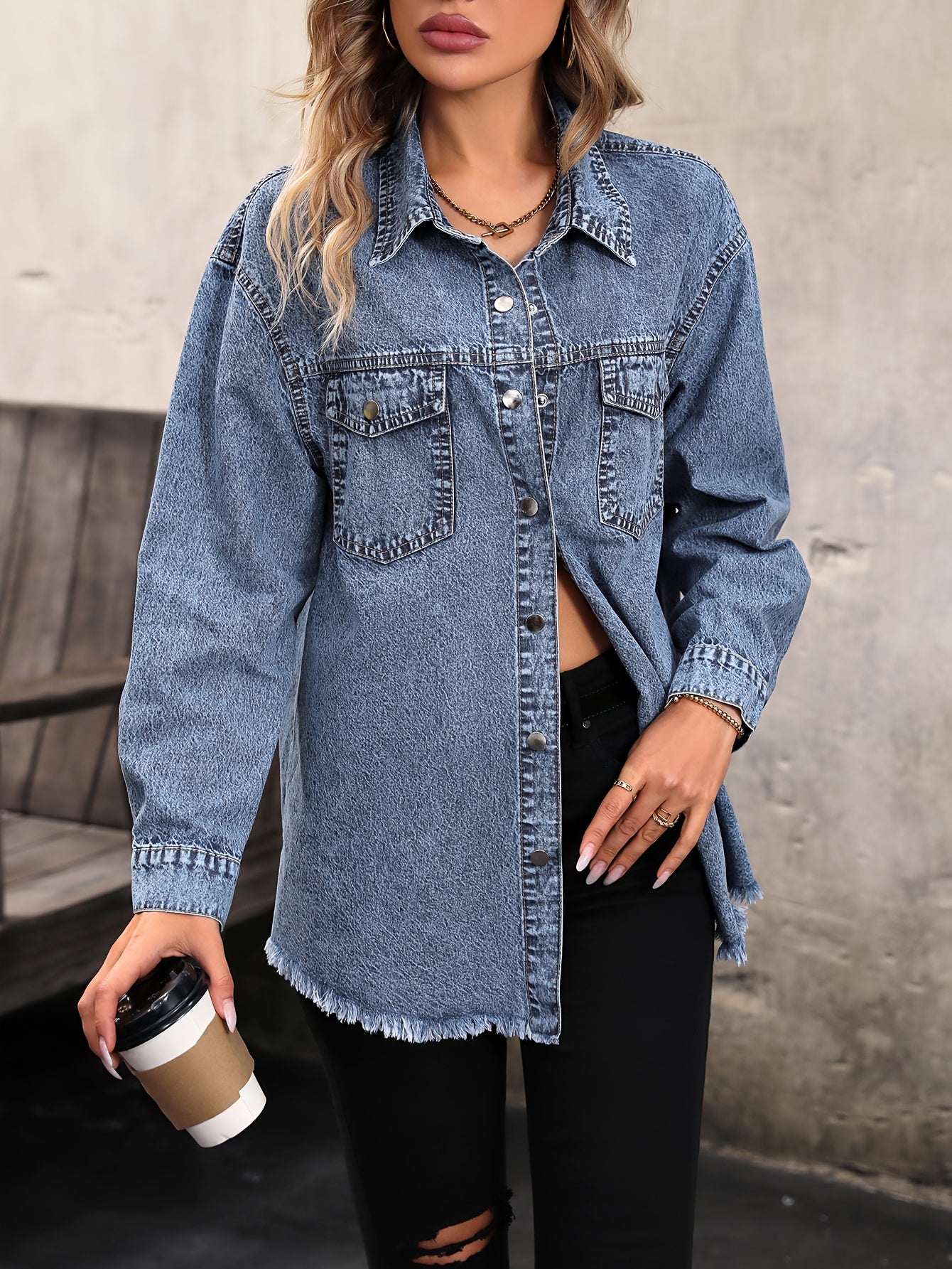 Women's Light Blue Denim Shirt Long Sleeve Button-Up Pockets Fall Spring