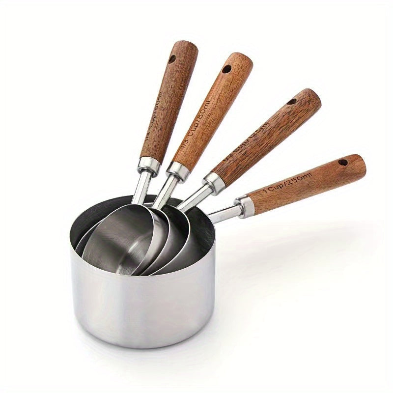 Juego de 4 tazas y cucharas medidoras de acero inoxidable con mangos de madera