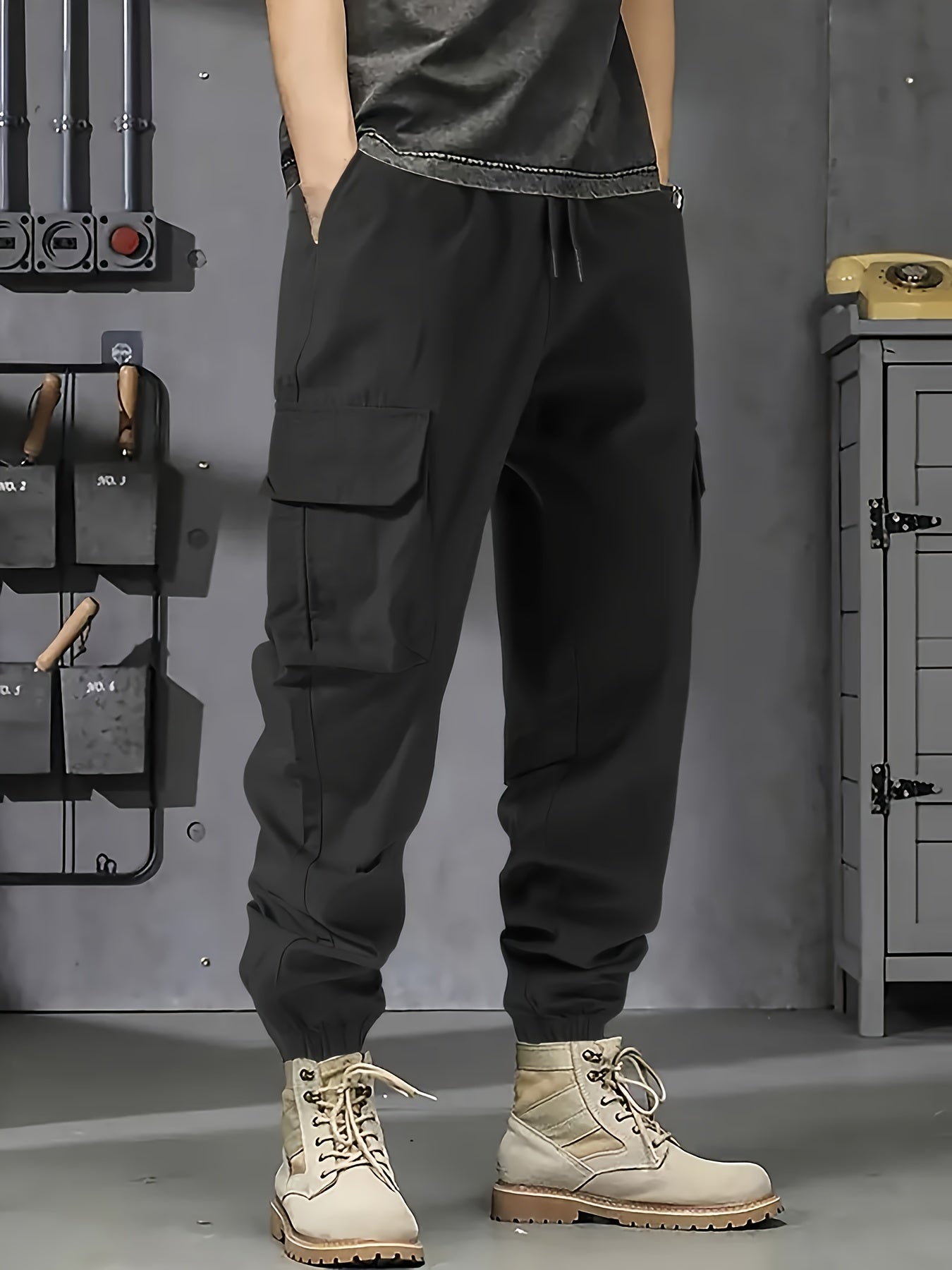 Men's Polyester Cargo Pants with Multiple Pockets, Casual and Workwear, Plus Sizes