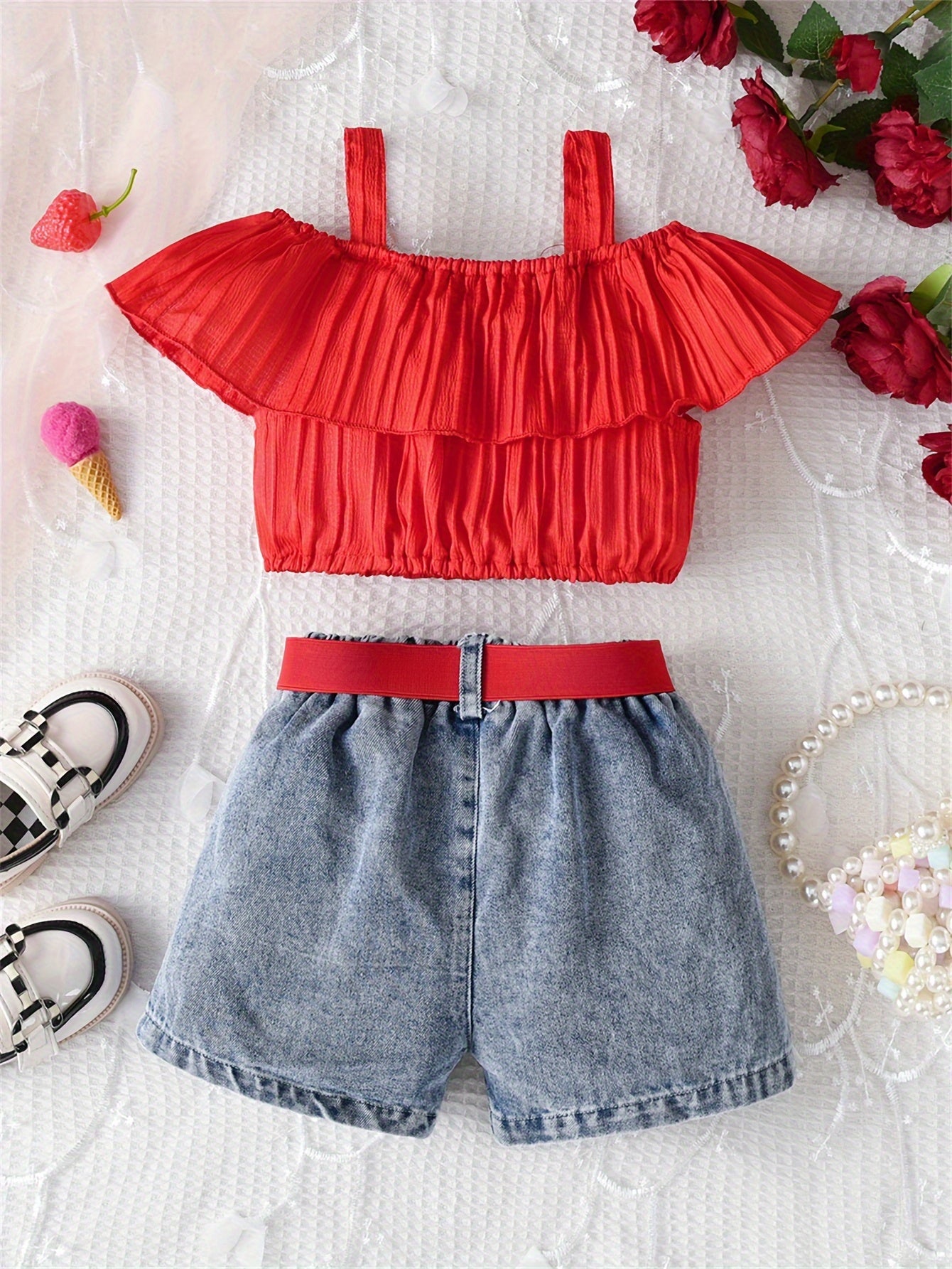 Girls Summer Outfit Set Off-Shoulder Top with Strawberry Embroidery and Heart Belted Shorts Breathable Polyester Casual