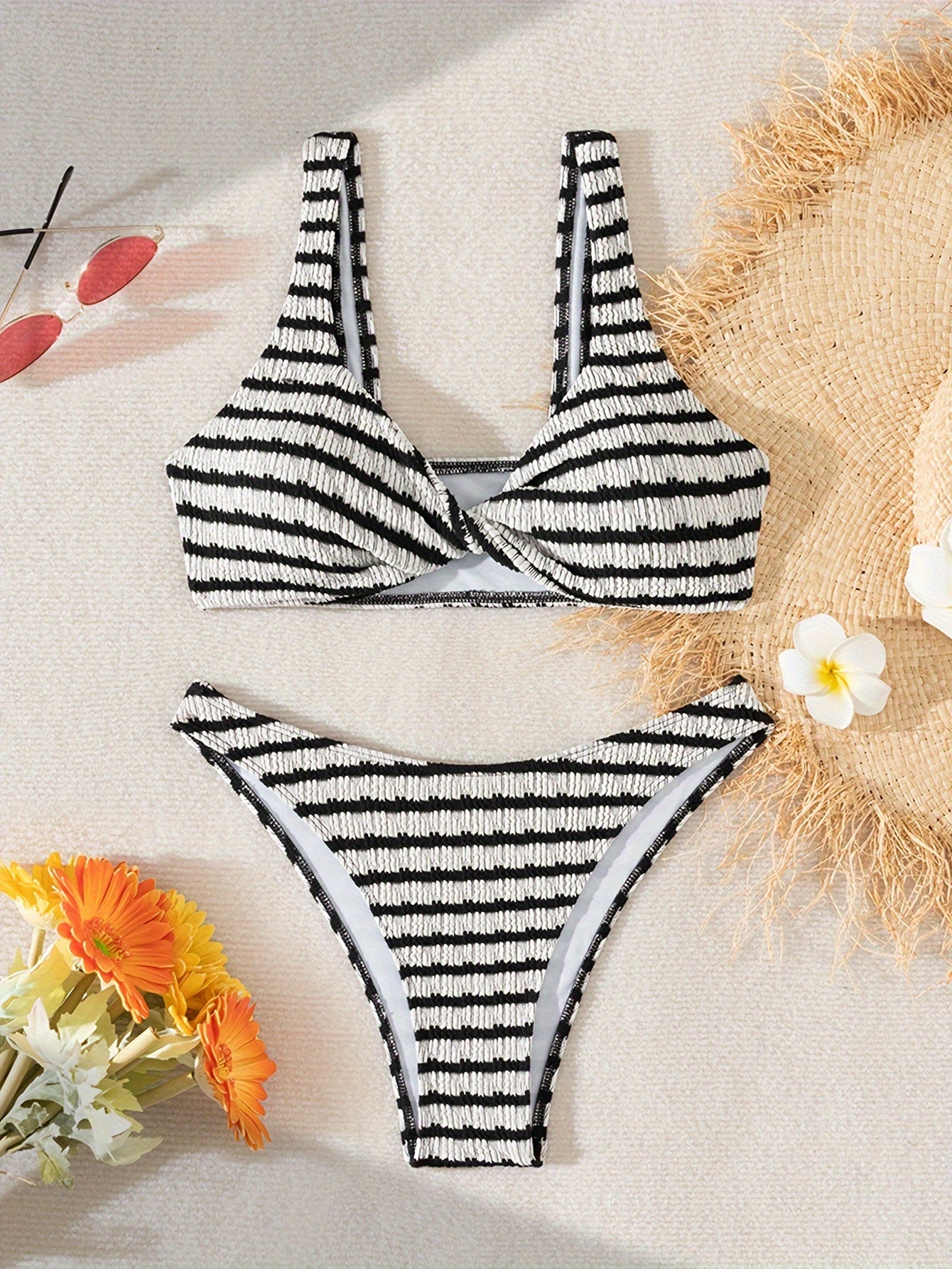 Striped Twist Front Bikini Set Women Swimsuit High Stretch Beachwear