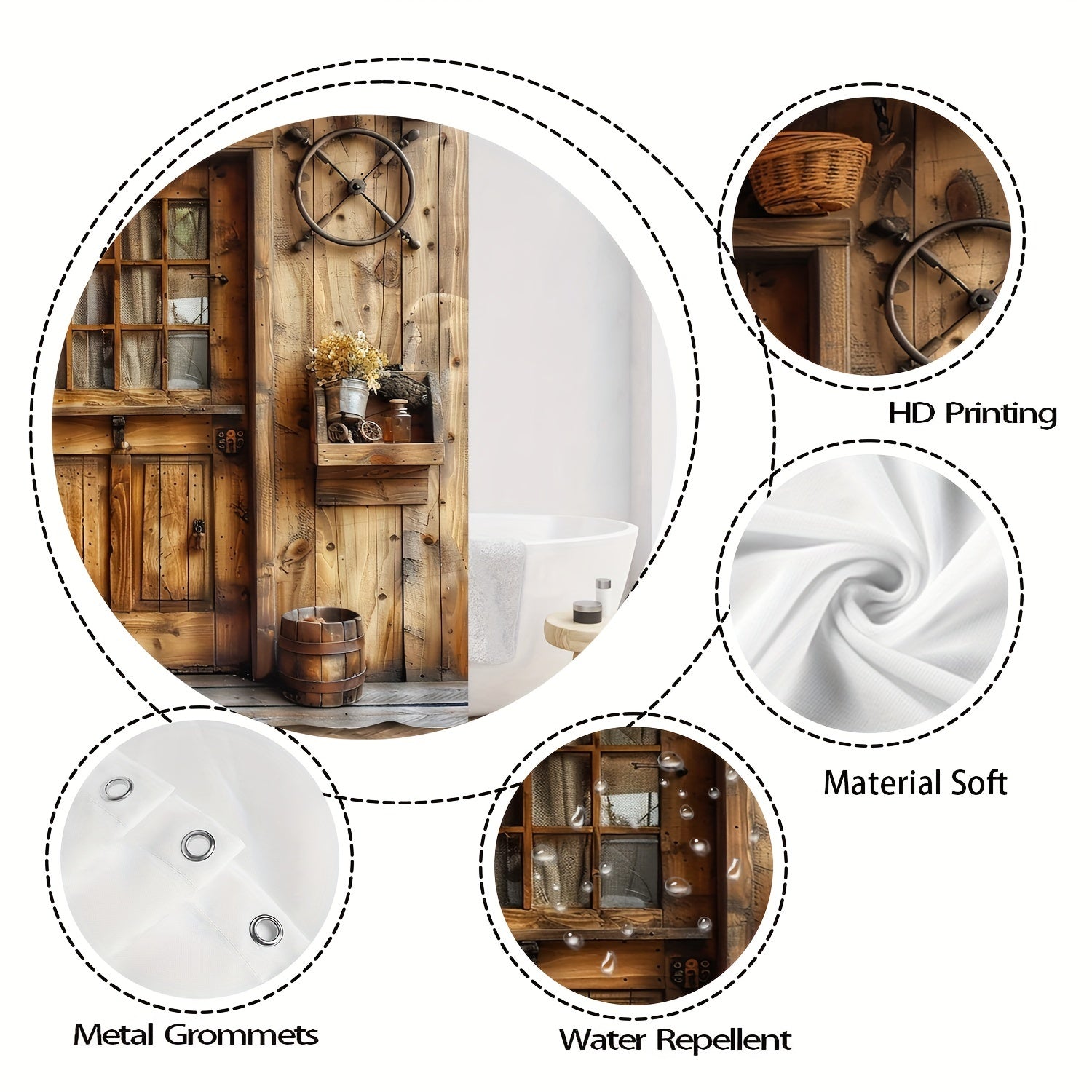 Farmhouse Style Shower Curtain Woven Polyester Vintage Wooden Wheel Lantern Design Includes Hooks