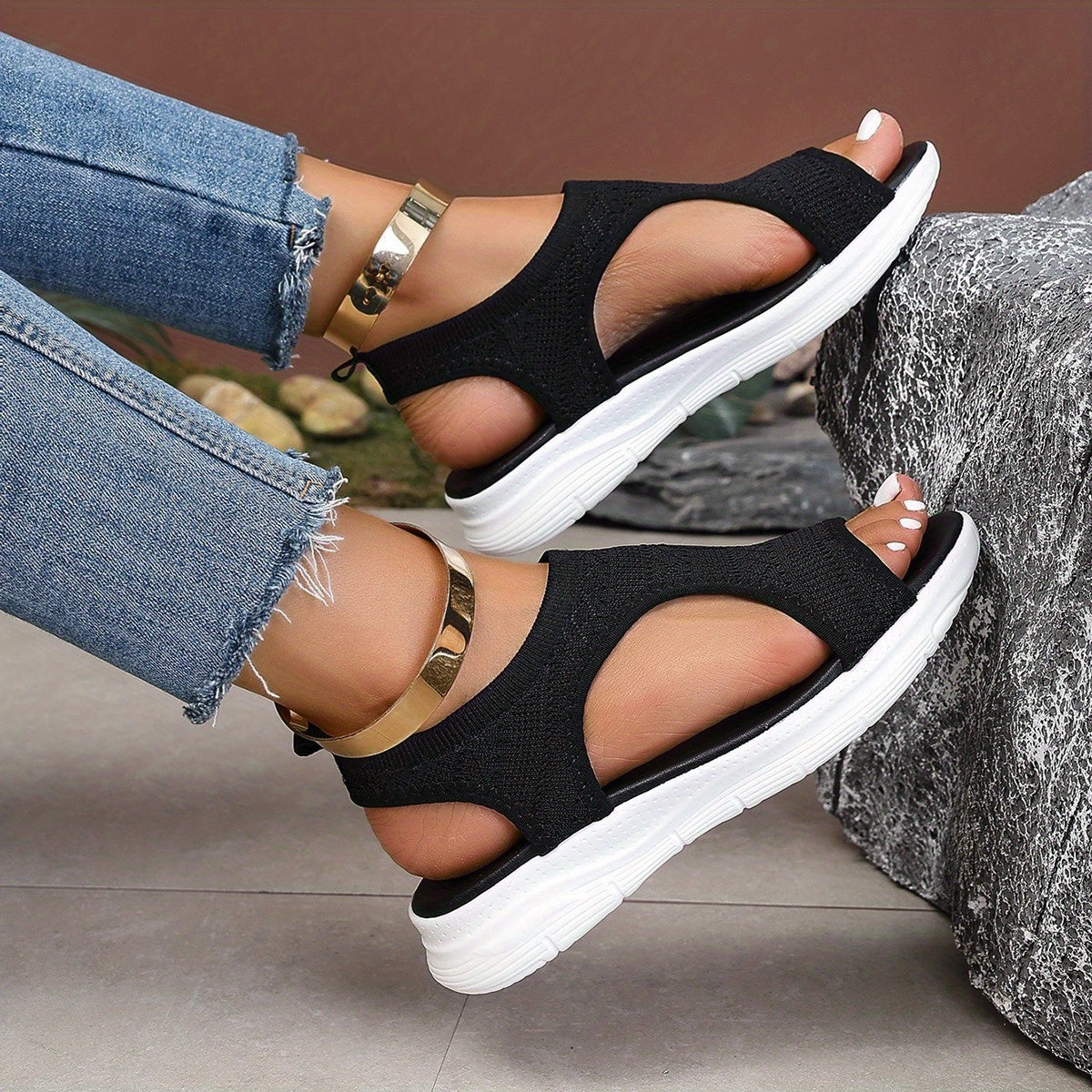 Women's Breathable Mesh Slip-On Sneakers Lightweight Casual Open-Toe Shoes Black White