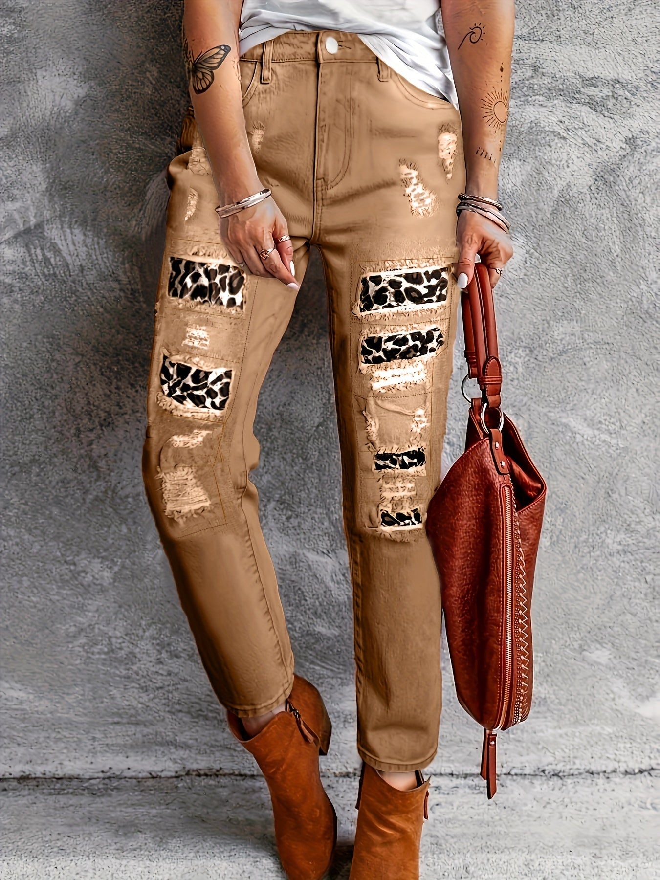 Plus Size Elastic Patchwork Leopard Print Jeans Womens Denim Pants