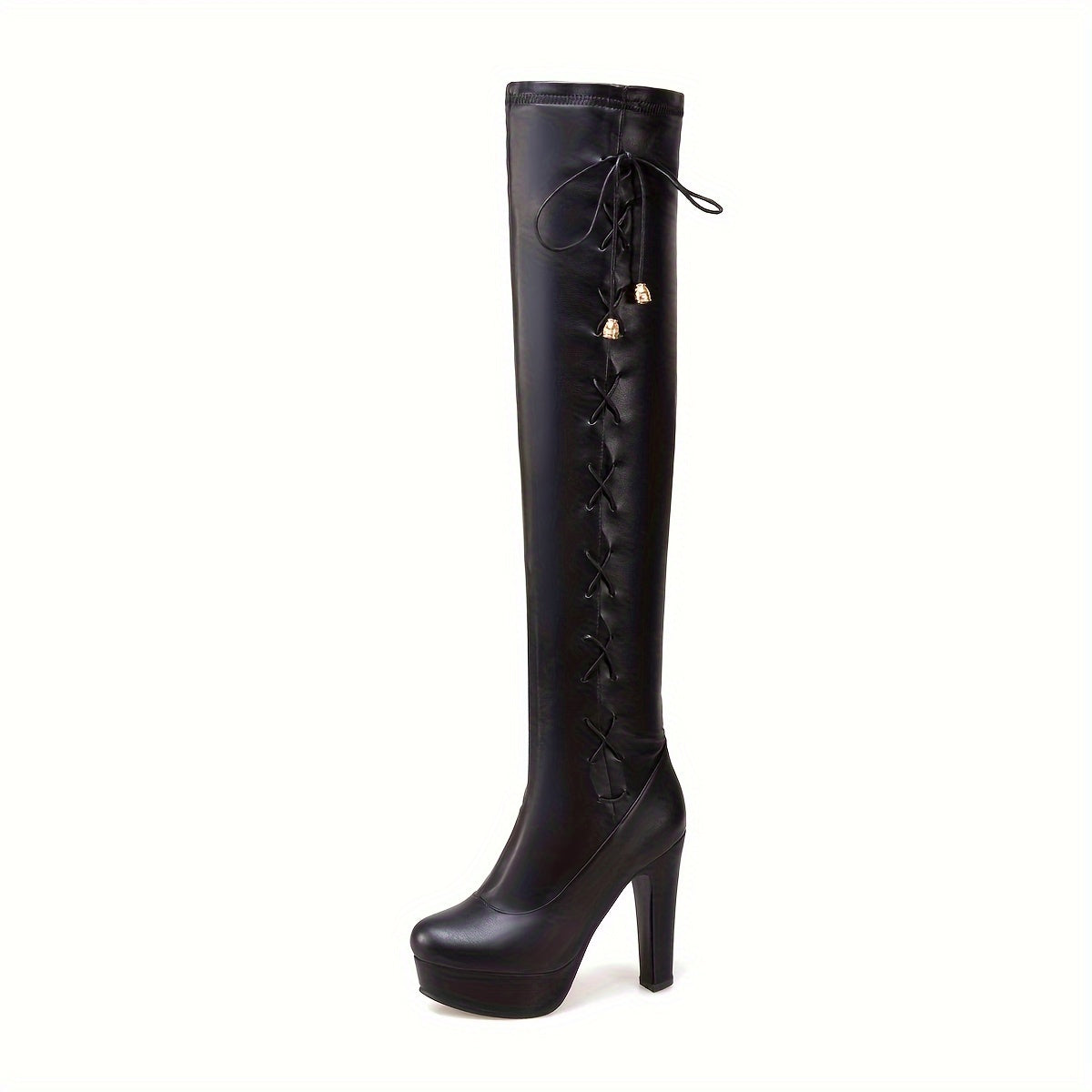 Women's Faux Leather Chunky Heel Knee-High Boots Winter Slip-On with Rubber Sole