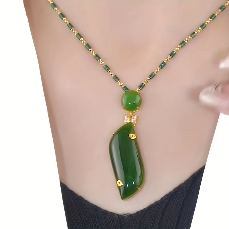 Women's Imitation Jade Emerald Necklace with Gold-Tone Bamboo Pendant