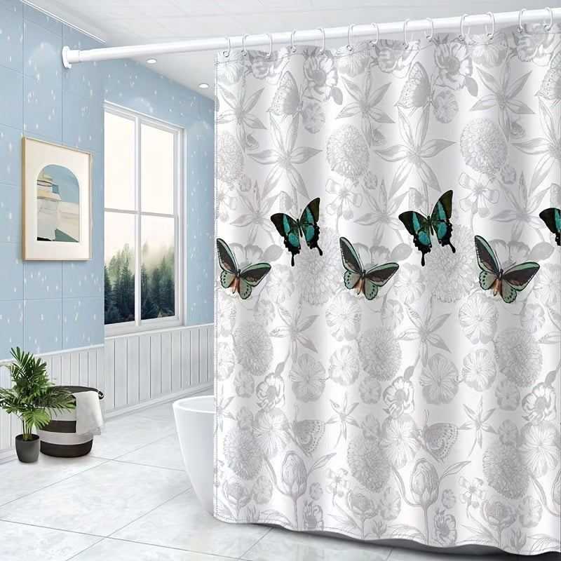 Gray Floral and Butterfly Shower Curtain Polyester Opaque Quick-Dry Machine Washable Easy No-Drill Installation
