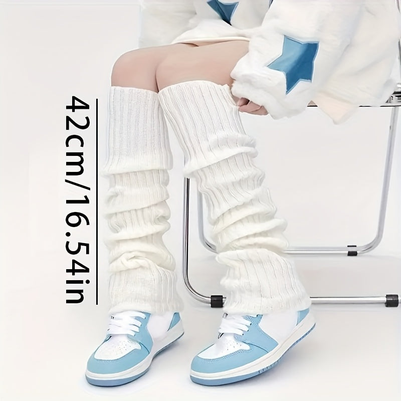 Long Knitted Leg Warmers with Slimming Stripes for Autumn Winter Over-the-Knee Polyester