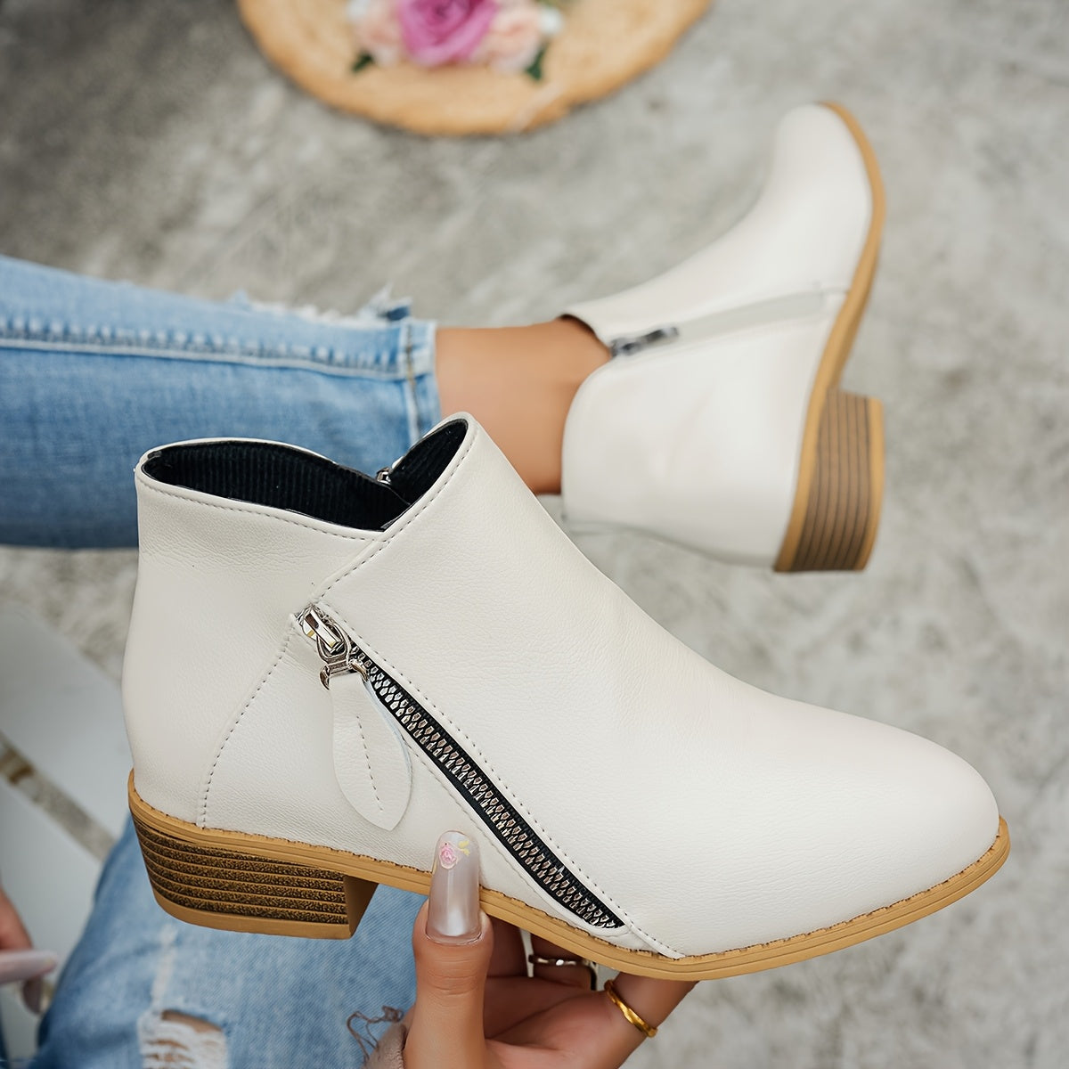 Women's Solid Color Ankle Boots With Thick Sole Wedge Back Zipper