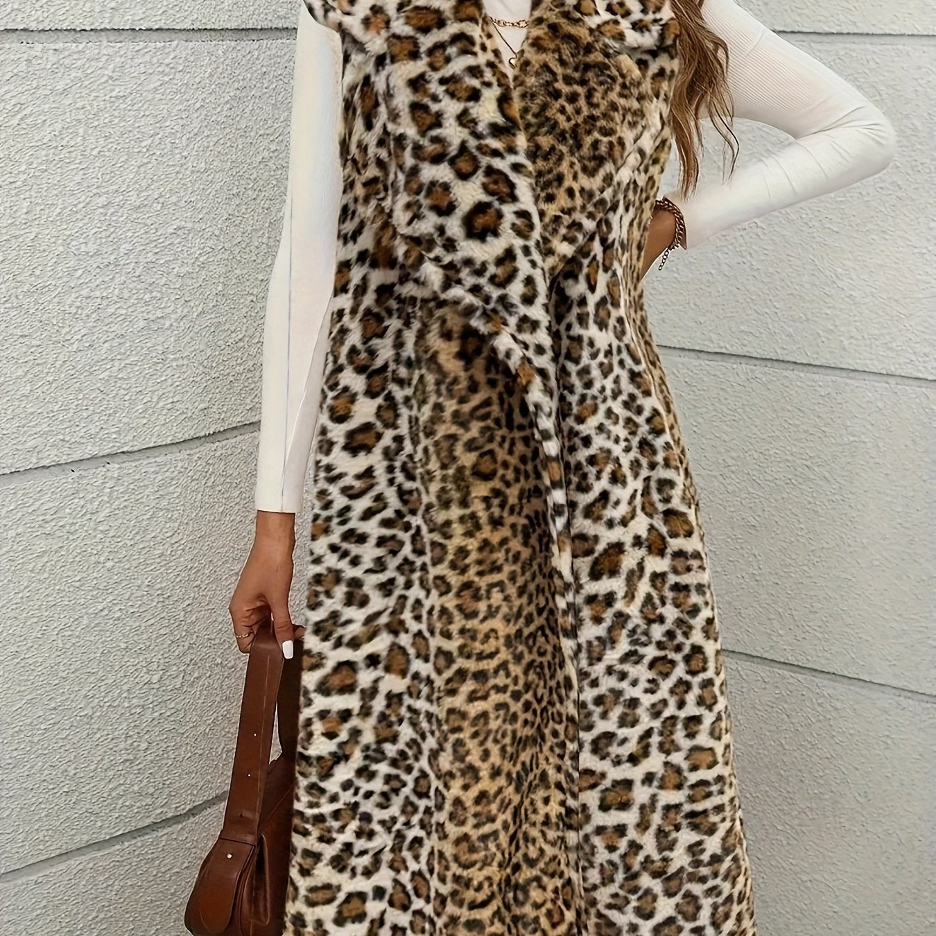 Plus Size Leopard Print Knit Vest with Lapel Collar and Long Length