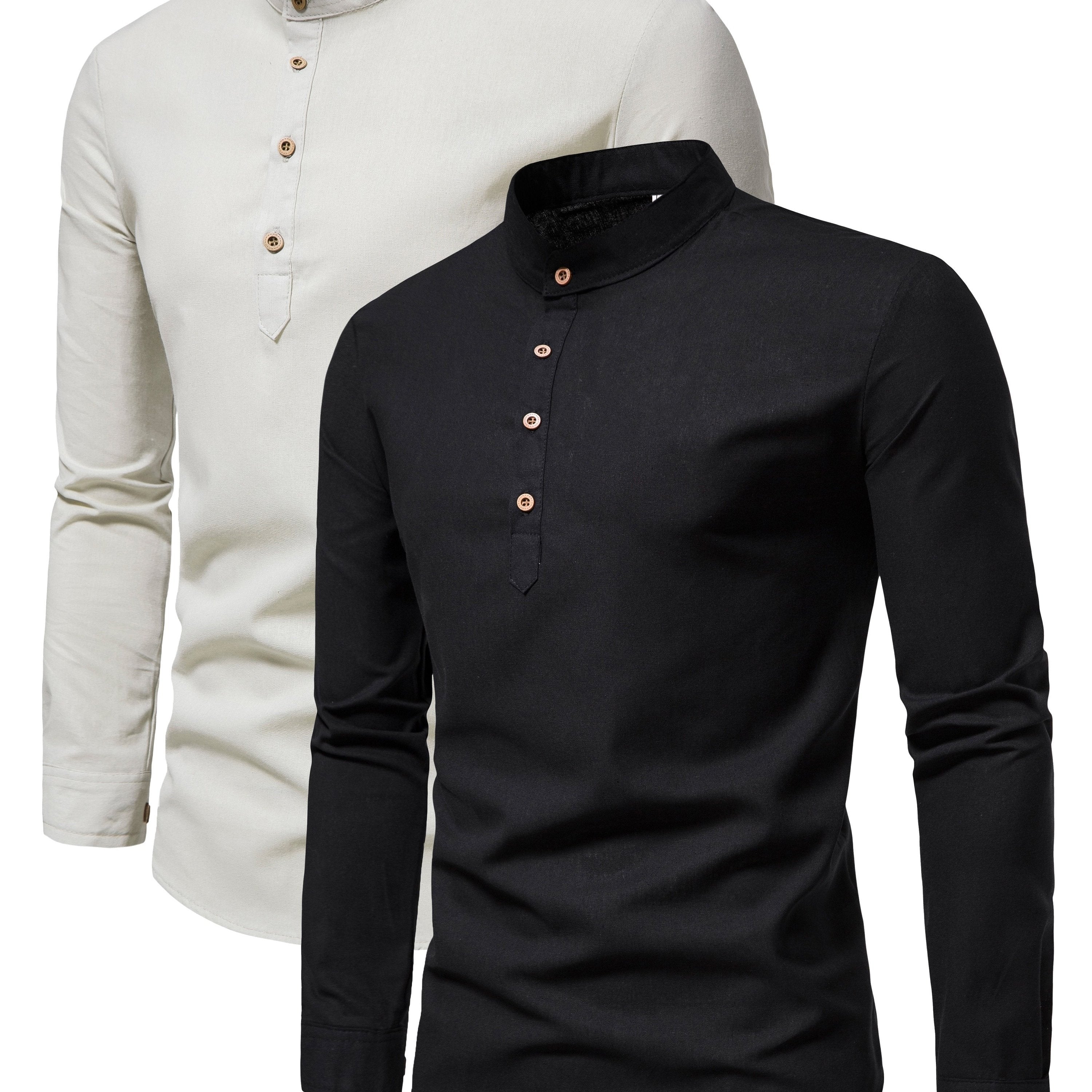 Men's Cotton Long-Sleeve Shirt Set Spring Autumn Stand Collar Slim Fit Solid Color Outdoor