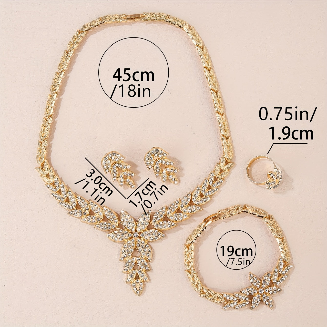 Wedding Jewelry Set for Women Gold Leaf Rhinestone Necklace Ring Earrings Bracelet Gift