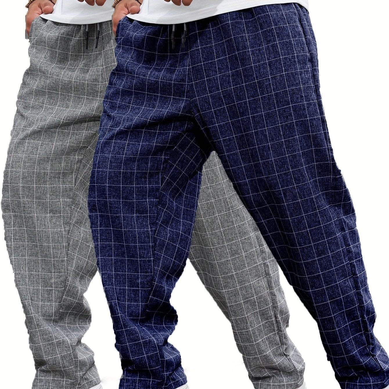 Plus Size Men's Casual Plaid Polyester Pants Set of 2 All-Season