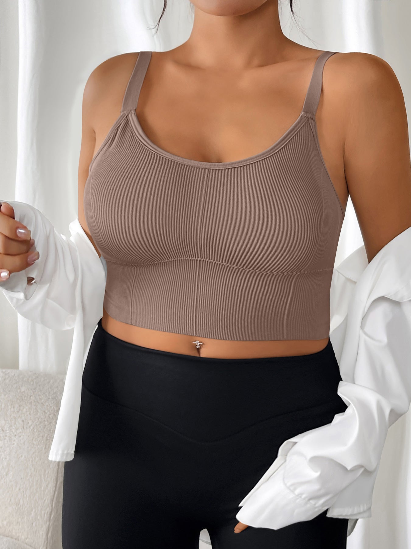 Plus Size Sports Bra Tank Top Solid Color Ribbed Backless Removable Pads