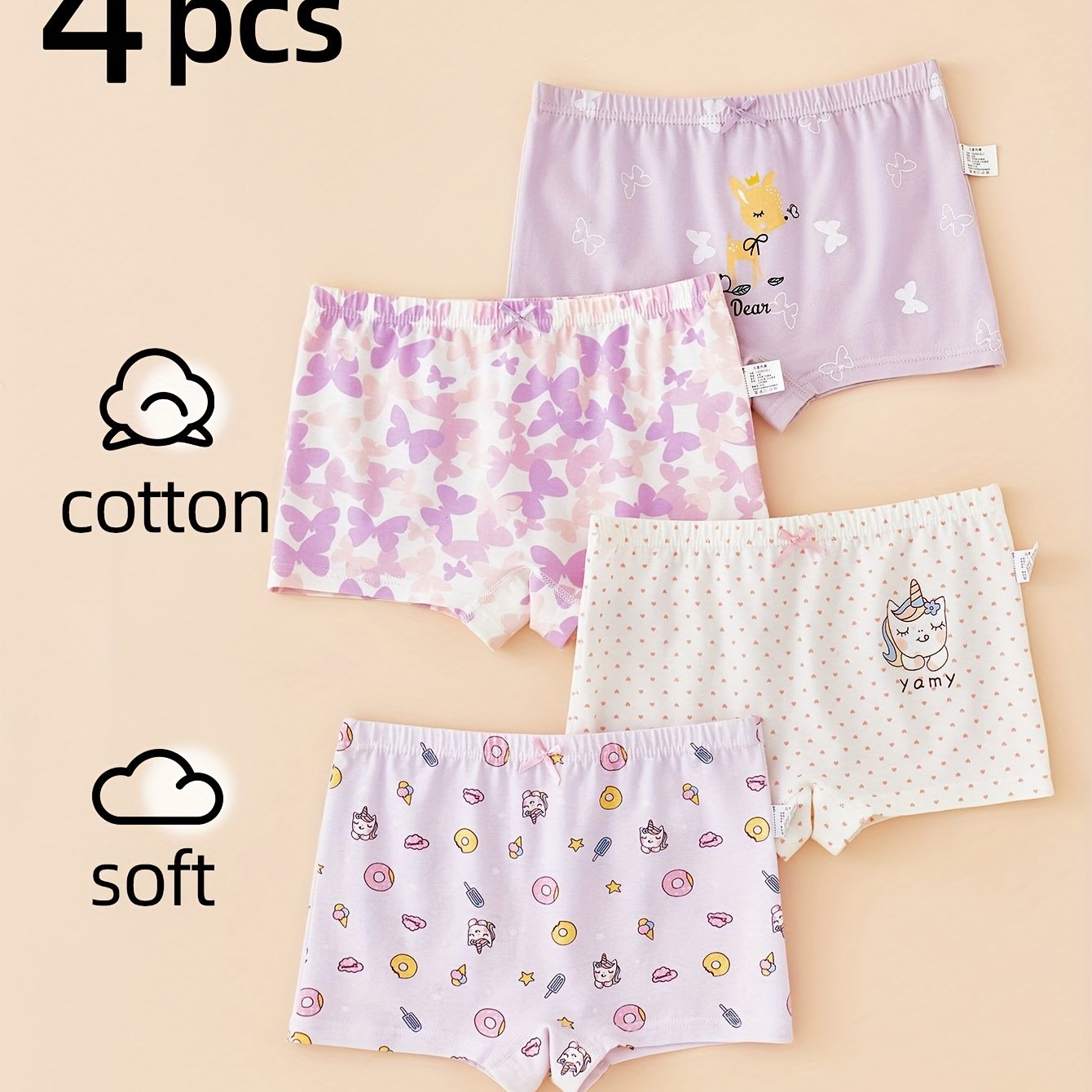Girls Cotton Blend Boxer Briefs with Cartoon Deer Print Breathable Comfortable All-Season