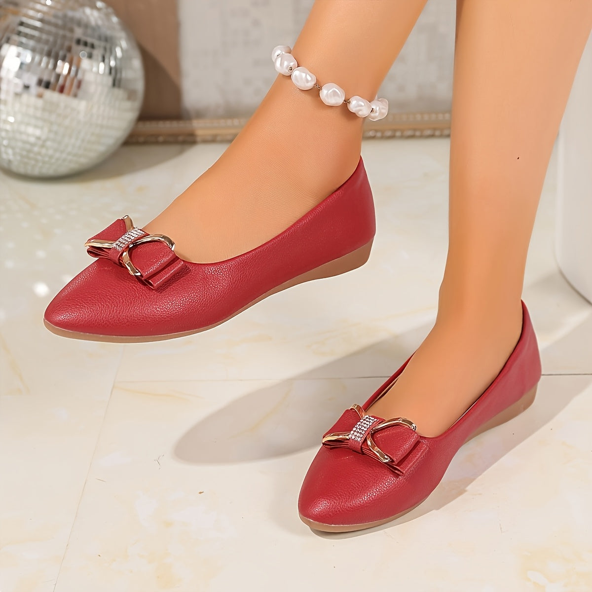 Women's Rhinestone Bow Flats Slip-On Round Toe Lightweight Casual Shoes