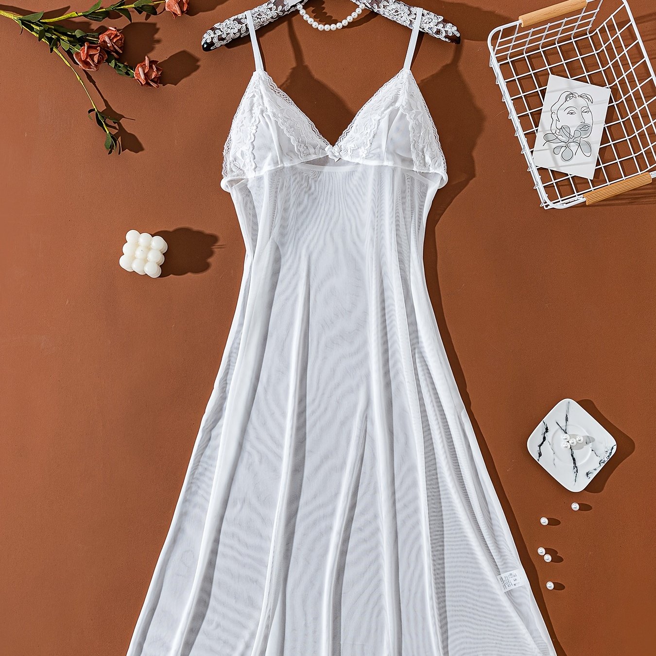 Women's Sheer Panel Spaghetti Dress with Bow Light Beige Elegant