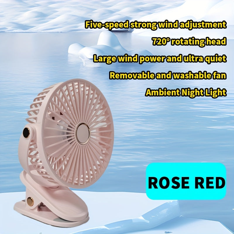 Portable USB Desk Fan with 5-Speed Adjustable, 720° Rotation, Quiet Clip Design