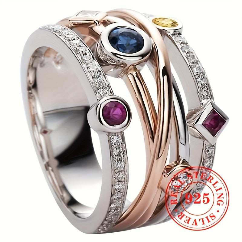 Women's Multi-Layer Sterling Silver Ring with Synthetic Gemstones