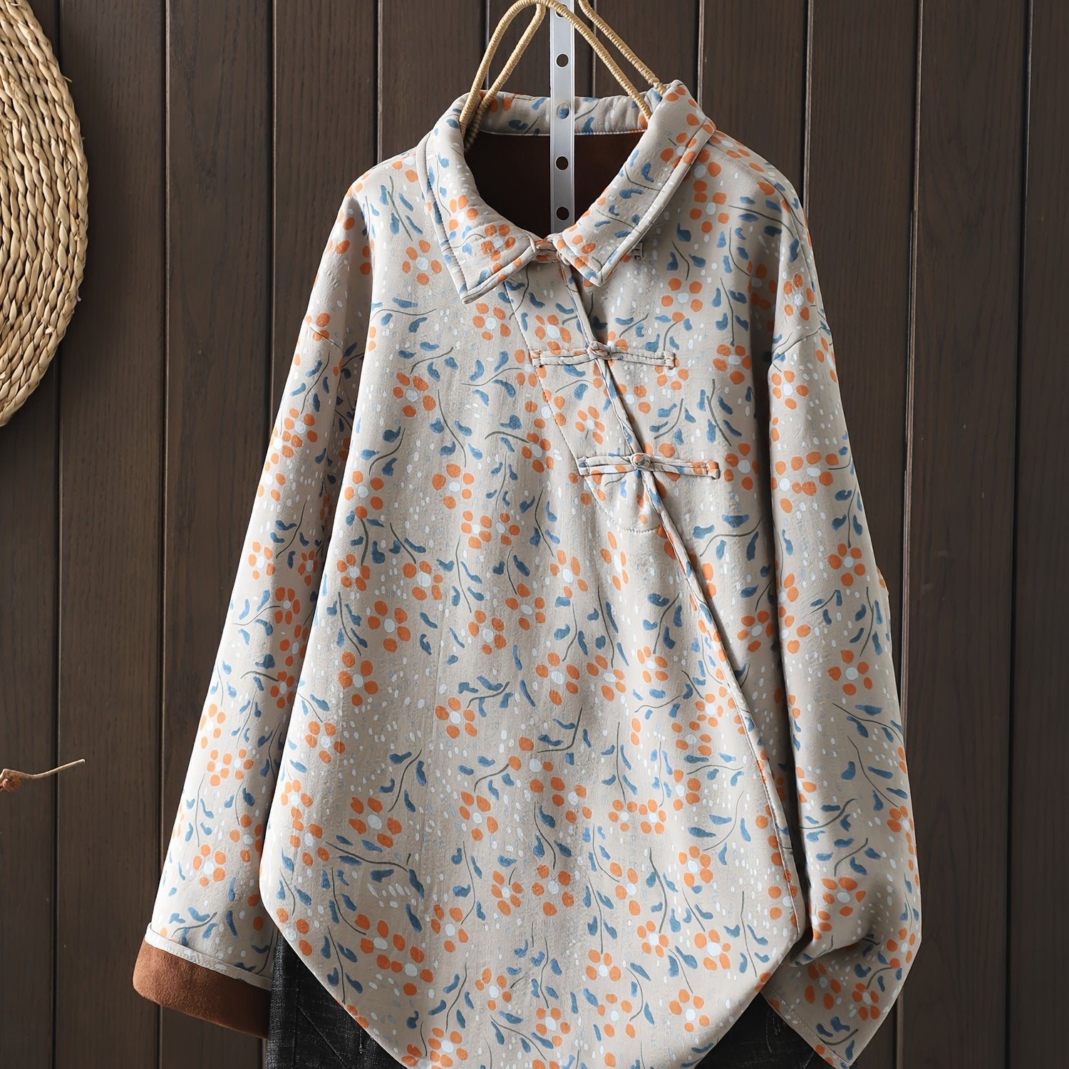 Plus Size Floral Print Woven Shirt with Stand-Up Collar and Chinese-Style Placket for Fall and Winter