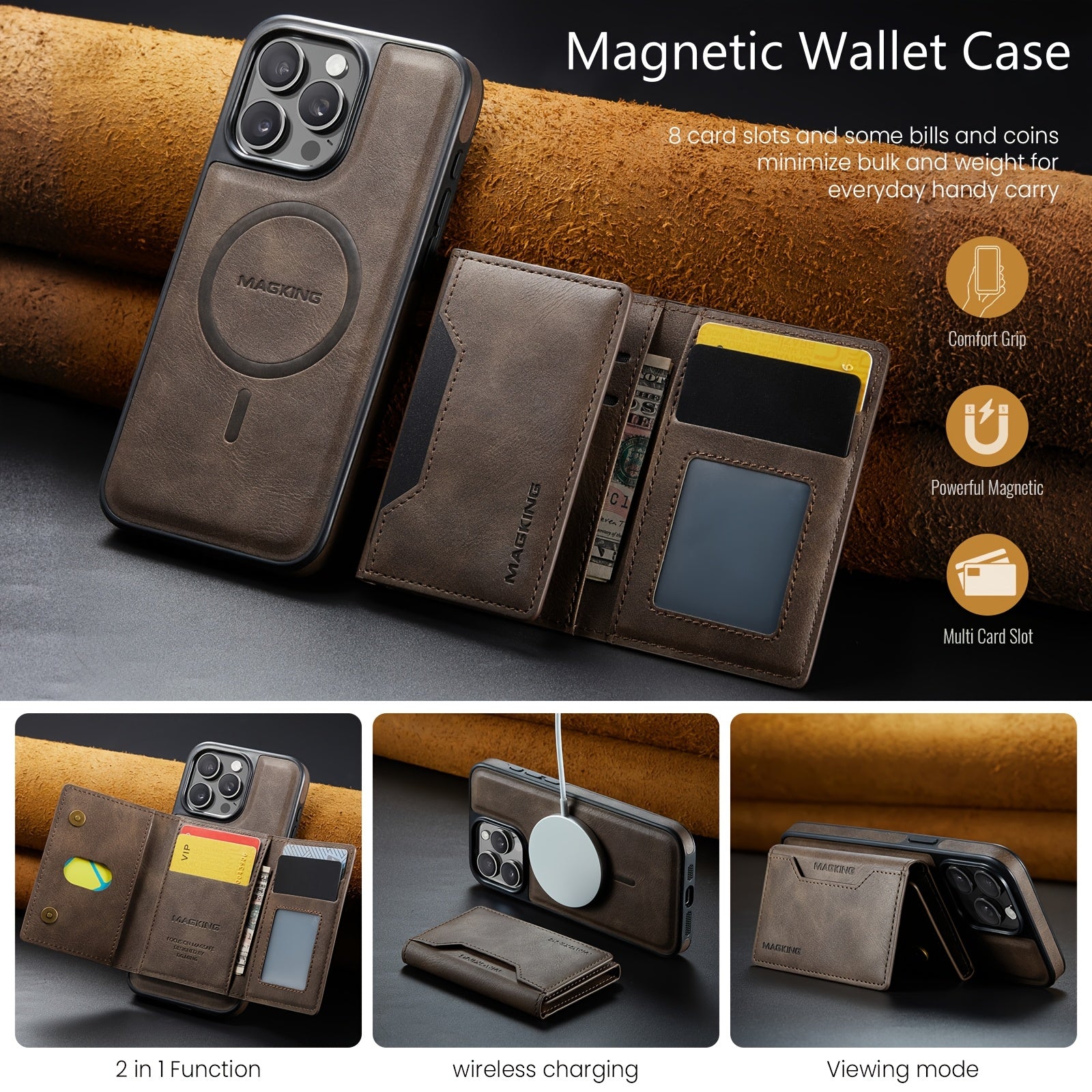 Faux Leather Magnetic Wallet Case for iPhone Pro Max with Card Holder RFID Protection Wireless Charging Stand