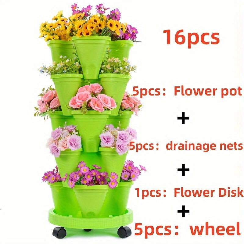 16pcs 5-Layer Stackable Flower Pots with Wheels and Tools for Indoor Outdoor Gardening