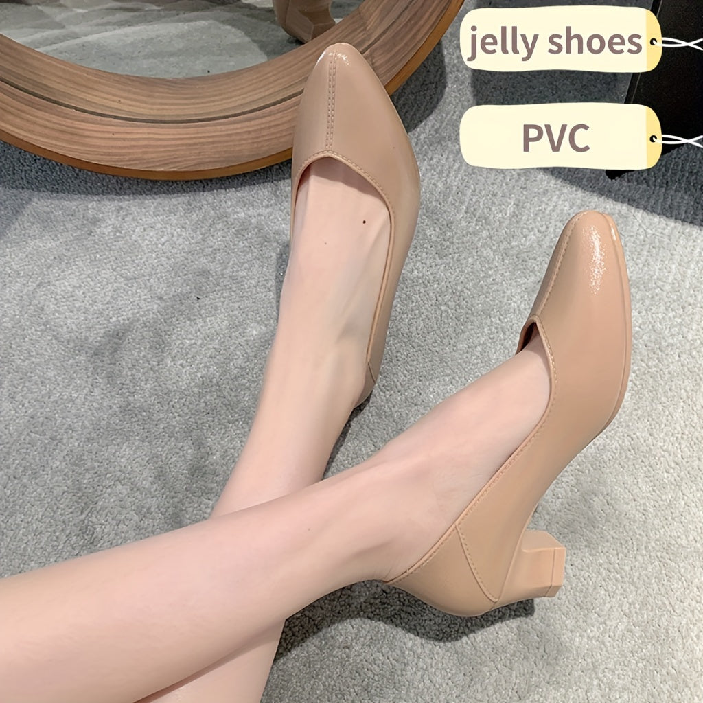 Women's PVC Chunky Heel Pumps with Pointed Toe and Slip-On Design
