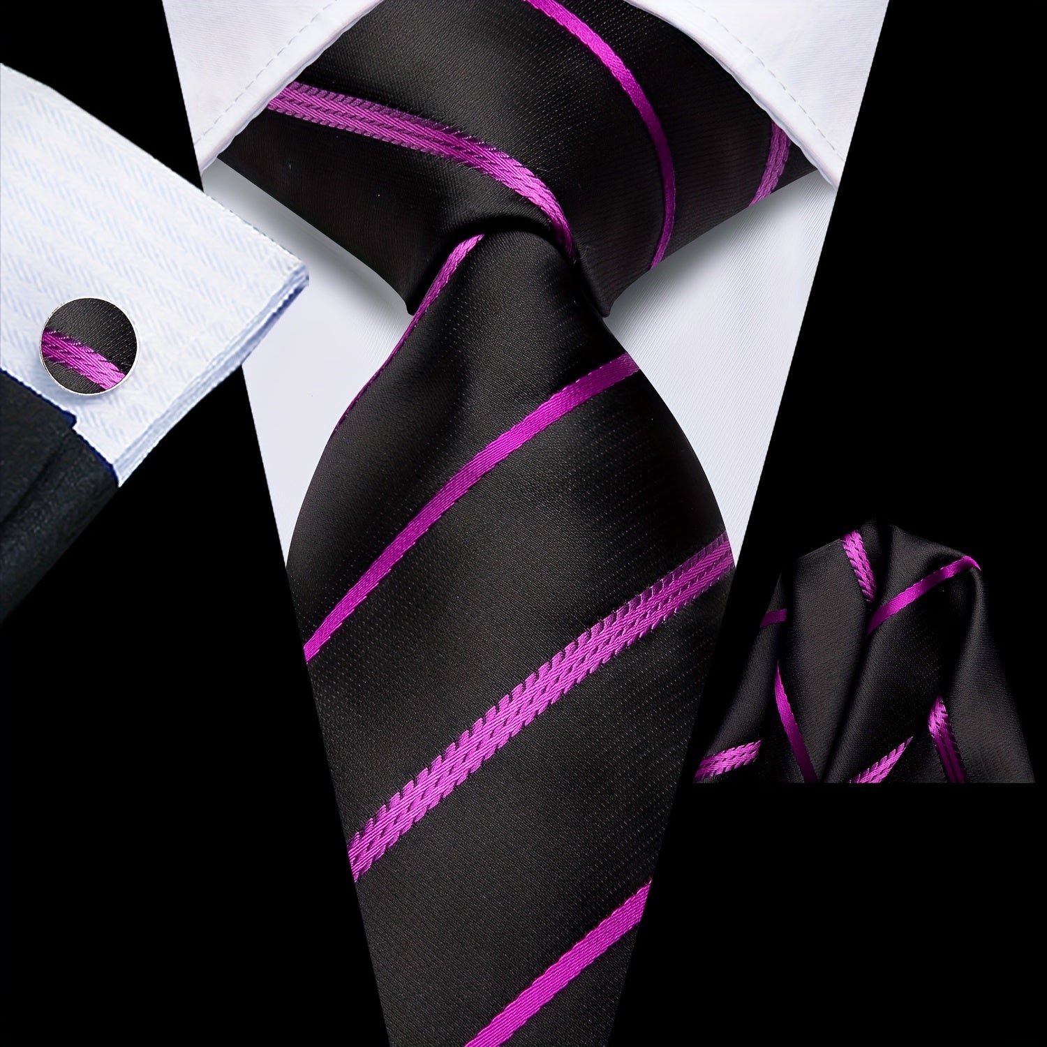 Men's Classic Striped Necktie Set with Cufflinks for Business and Party