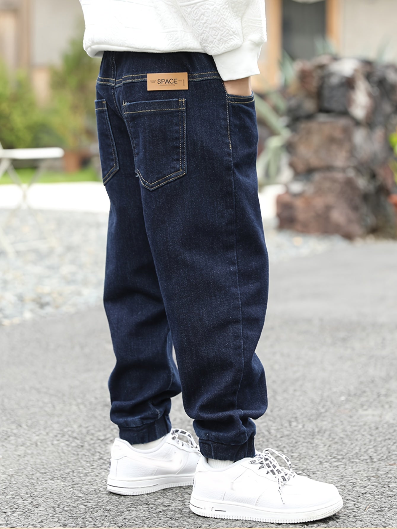 Boys High-Waisted Denim Jogger Pants with Elastic Waist and Cuffed Ankles