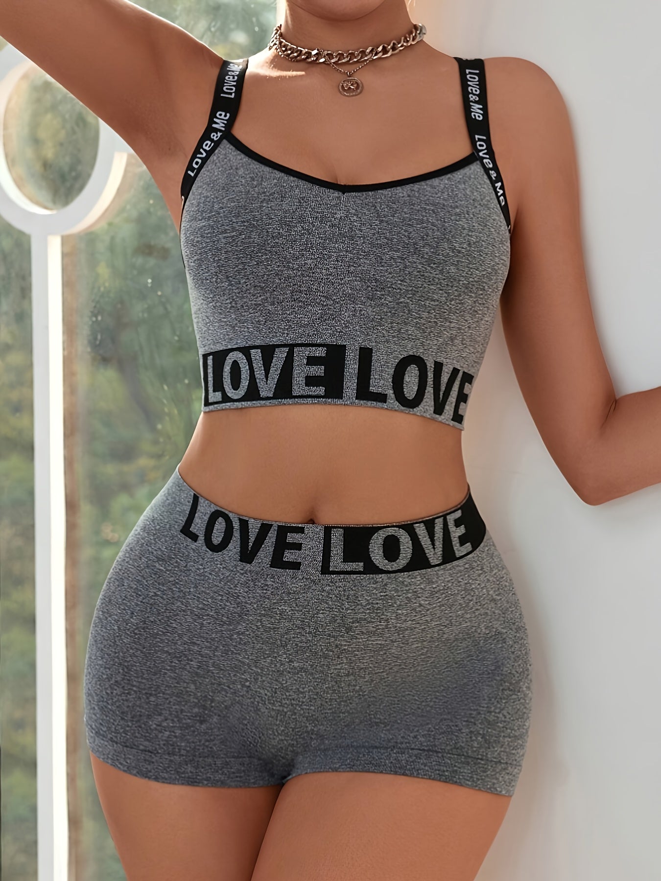 Women’s Loungewear Set Love Letter Crop Top High-Waisted Shorts Seamless Tummy Control Nylon