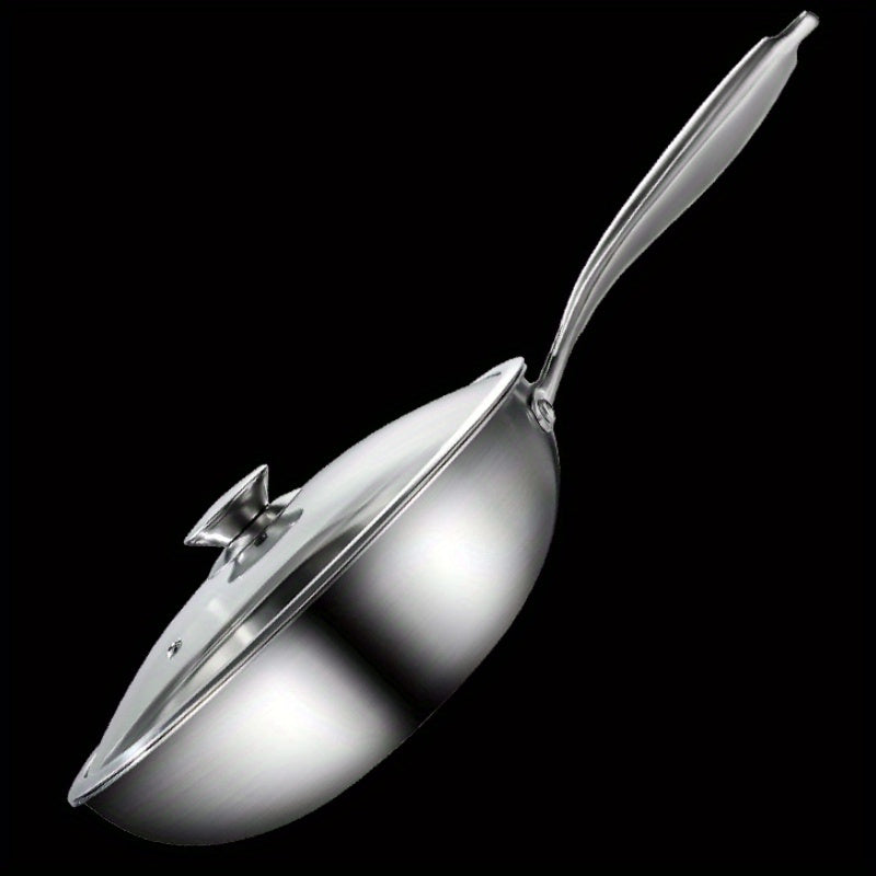 1 шт. 12-дюймовой сковороды из нержавеющей стали с крышкой, совместимой с индукцией, с удлиненной ручкой и не покрытой посудой для универсальной готовки.