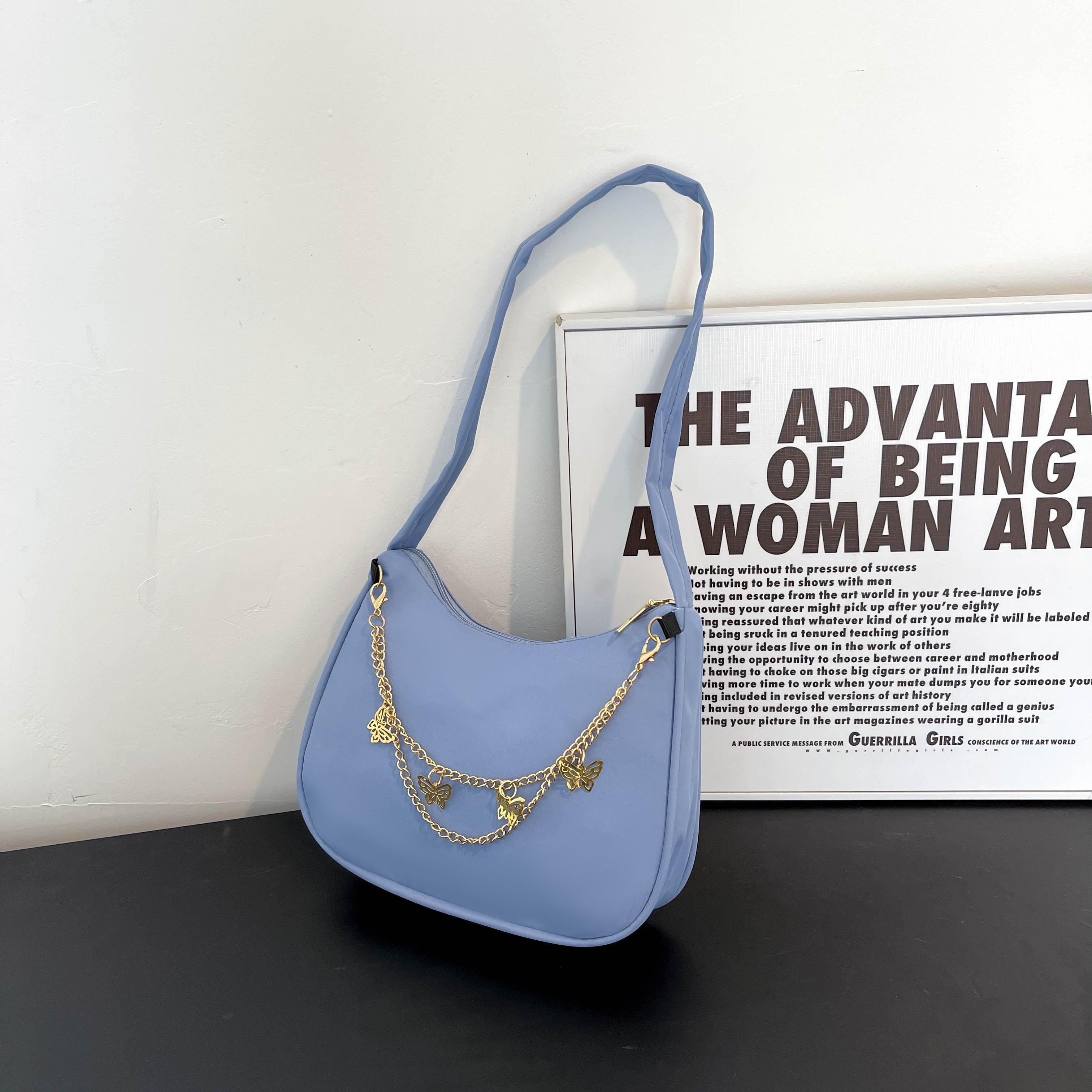 Bolso de hombro de poliéster con cierre de cremallera de cadena de mariposa para vacaciones y fiesta