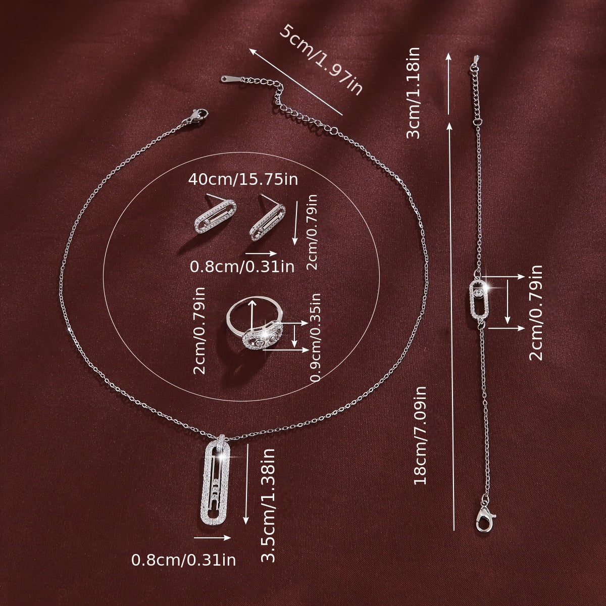 Conjunto de joyería de cobre con pendientes de zirconia, collar, anillo y pulsera estilo coreano