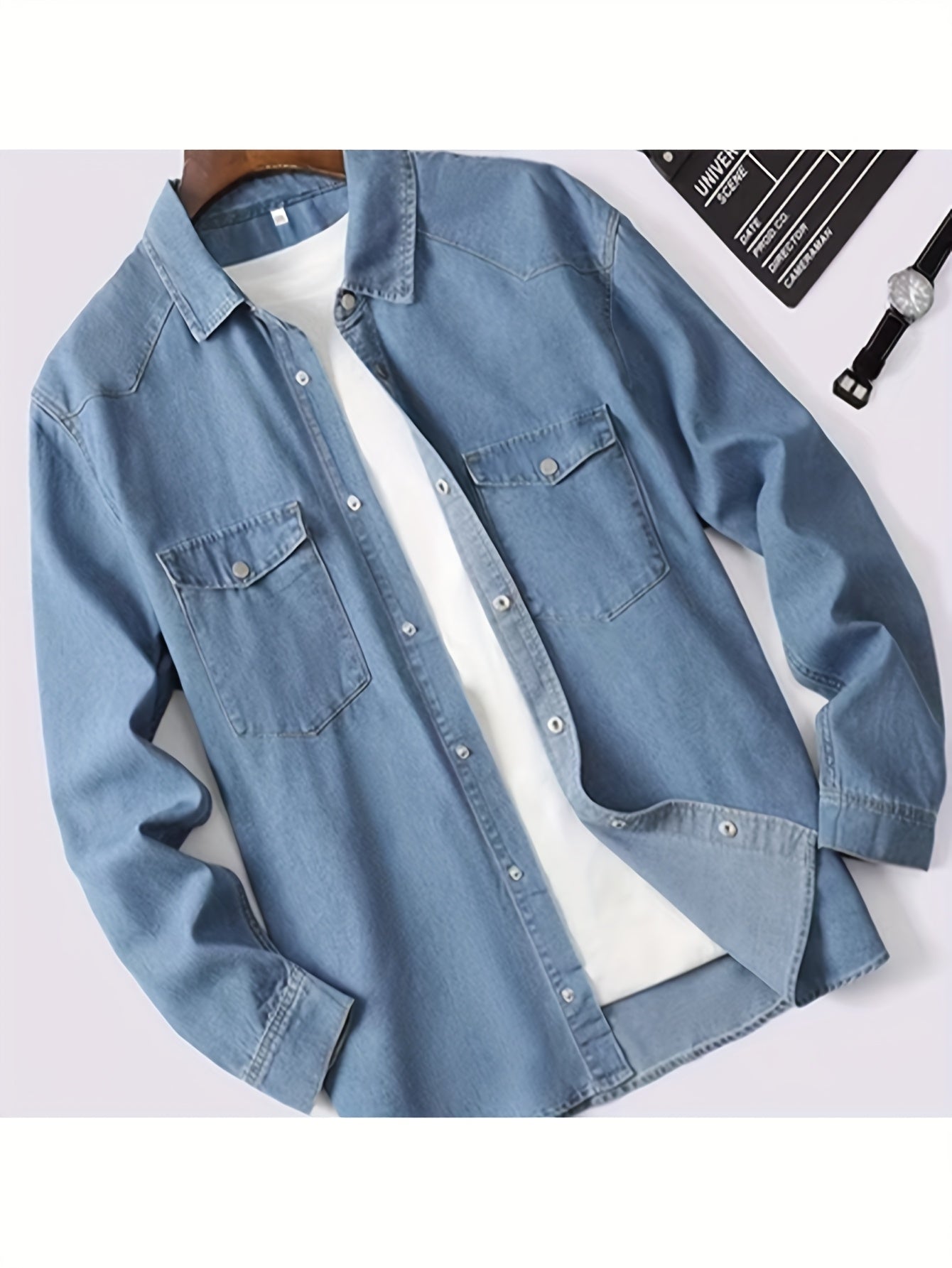 Plus-Size Men's Vintage Denim Shirt Solid Color Woven Casual Spring Fall