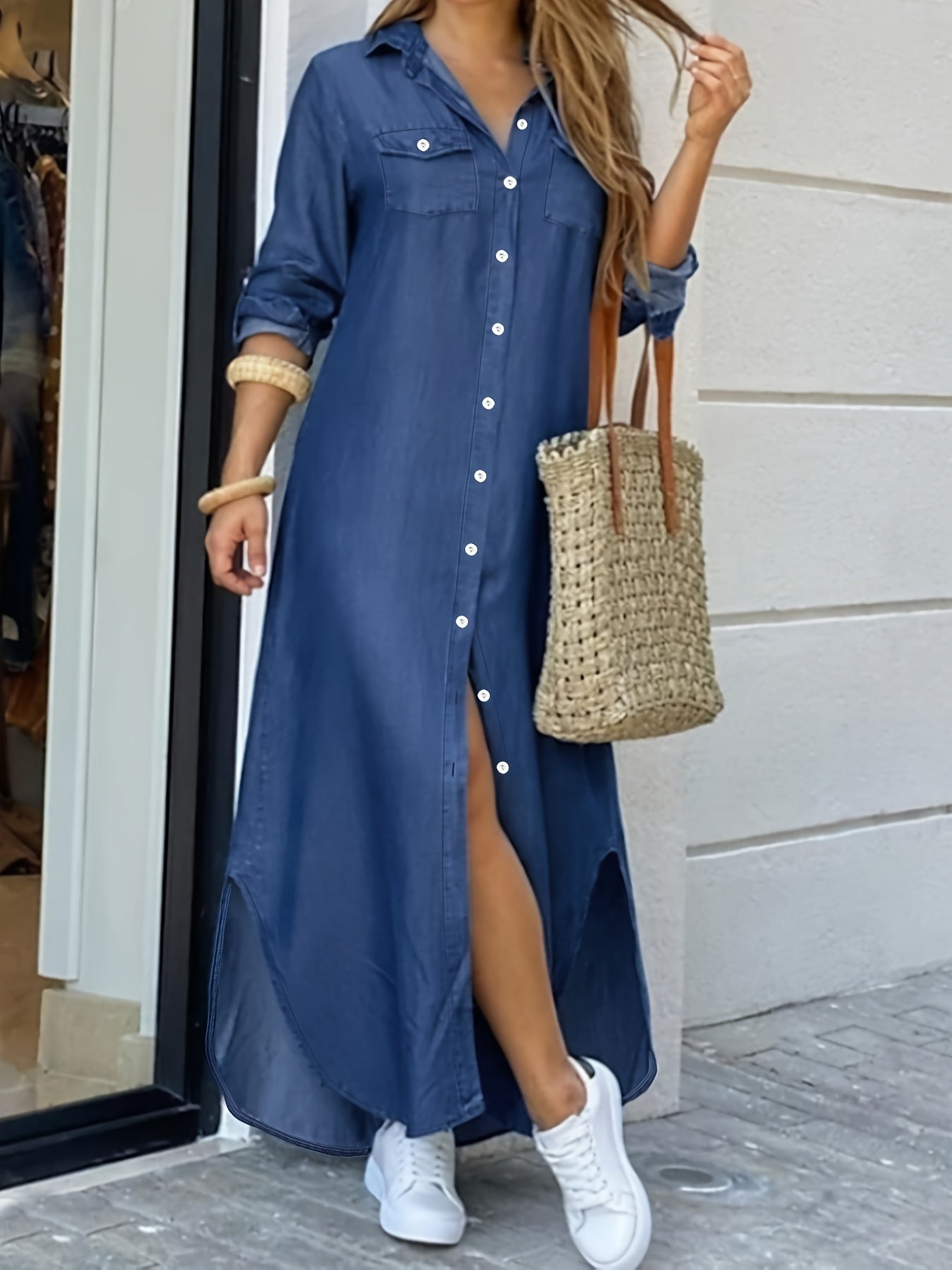 Women's Plus Size Denim Maxi Dress with Button Long Sleeve Turn Down Collar
