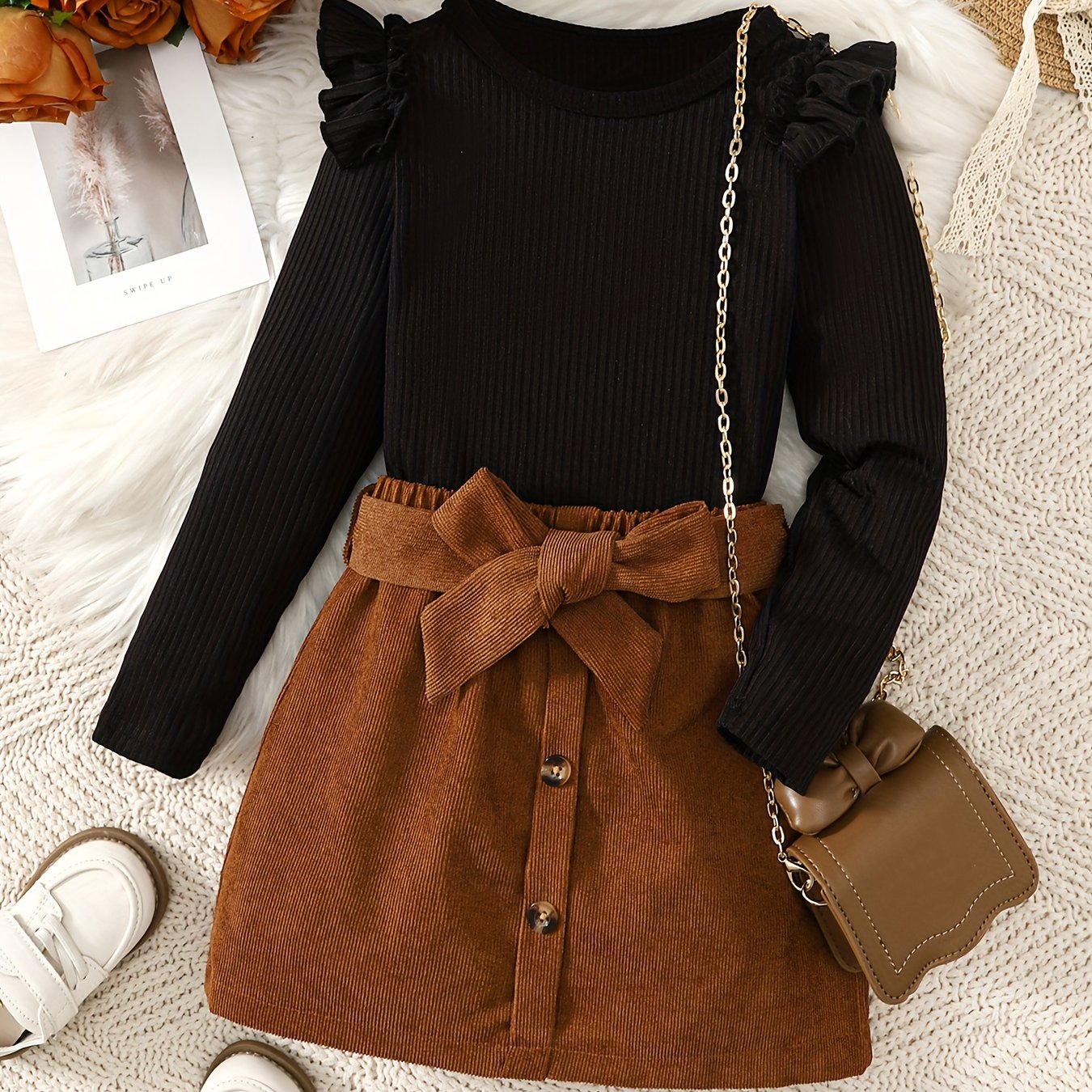 Girls Spring Summer Short Skirt Set with Long Top Ribbed Flying Sleeves Belt