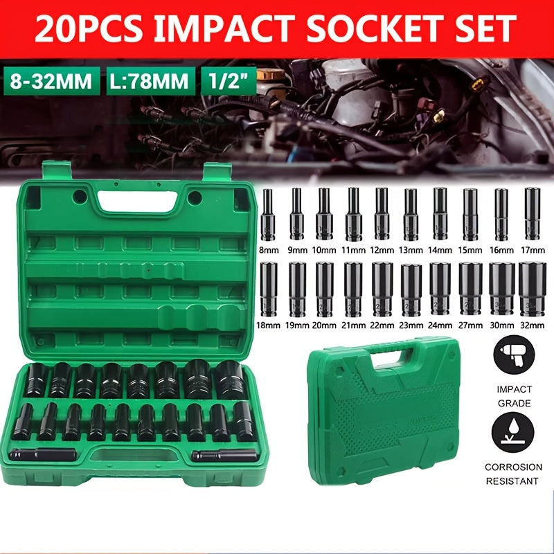 20PCS Heavy Duty Hex Impact Wrench Socket Set 8-32mm Black 1/2 Inch