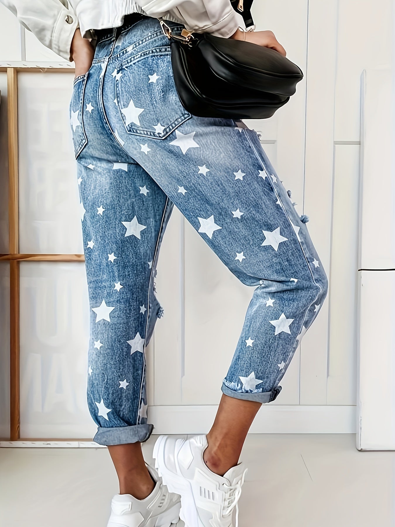 Plus Size Women's Blue High Waist Star Printed Ripped Straight Leg Pants
