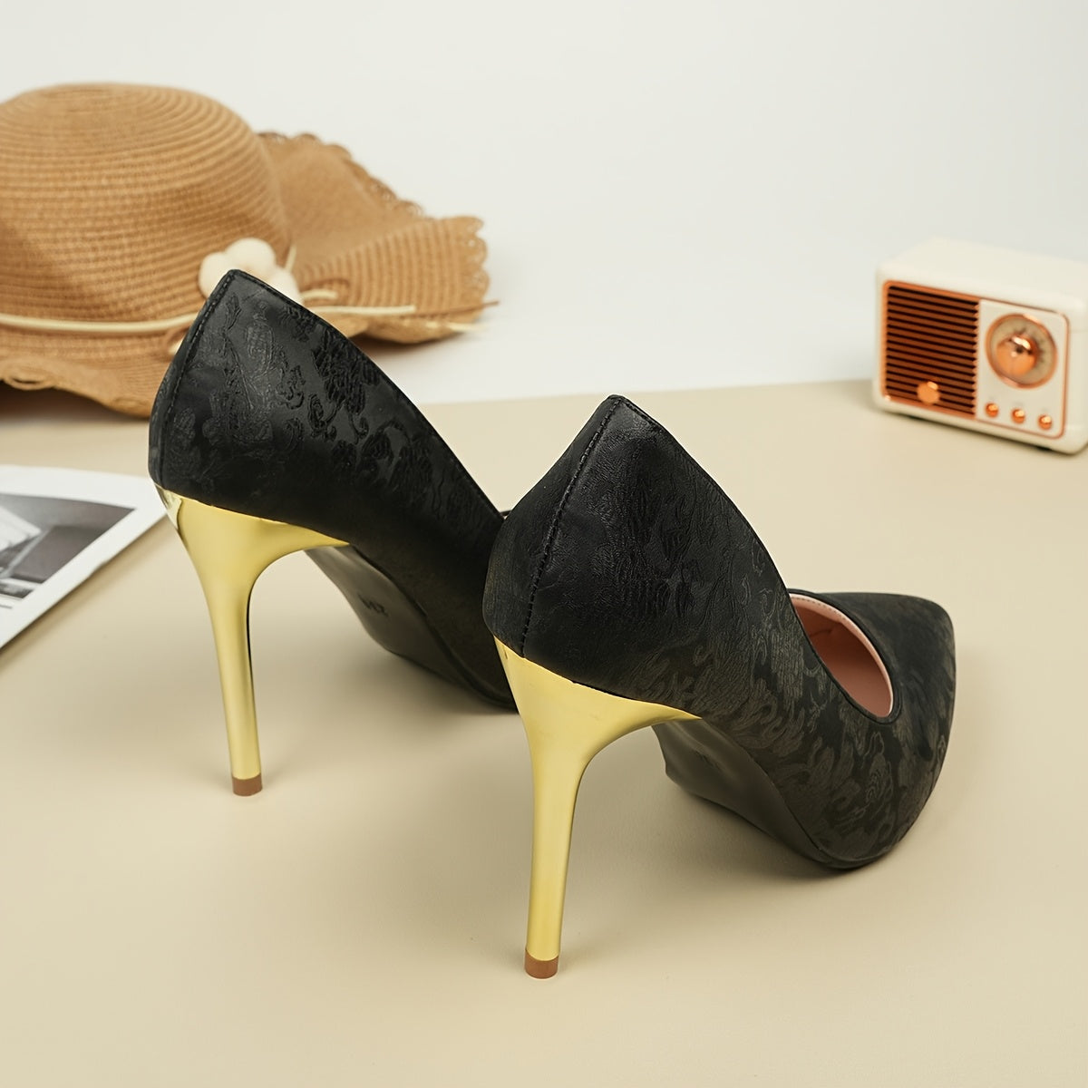 Women's Black Floral Embossed Pointed Toe High Heels with Gold Accents