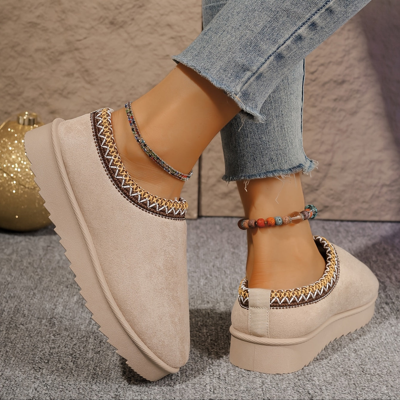 Women's Flannel Ankle Booties Casual Slip-on Round Toe Flat Heel Loafers