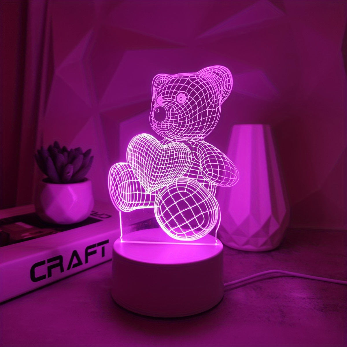 3D Pink Heart Bear Night Light USB Powered Switch Control Modern Bedroom Decor