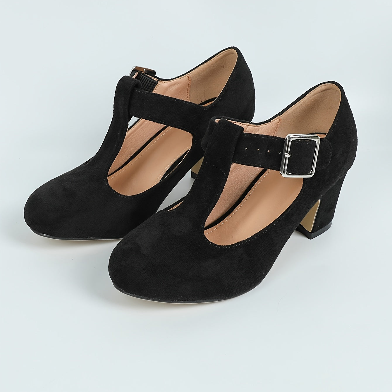 Women's Casual High Heeled Mary Jane Shoes T-Strap Buckle Chunky Heel