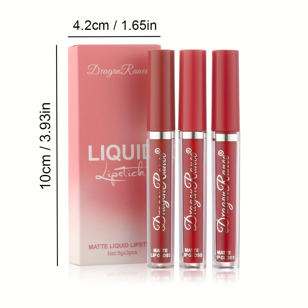 Set de brillo de labios de terciopelo para mujer, 3 piezas, lápiz labial mate hidratante, glaseado de labios