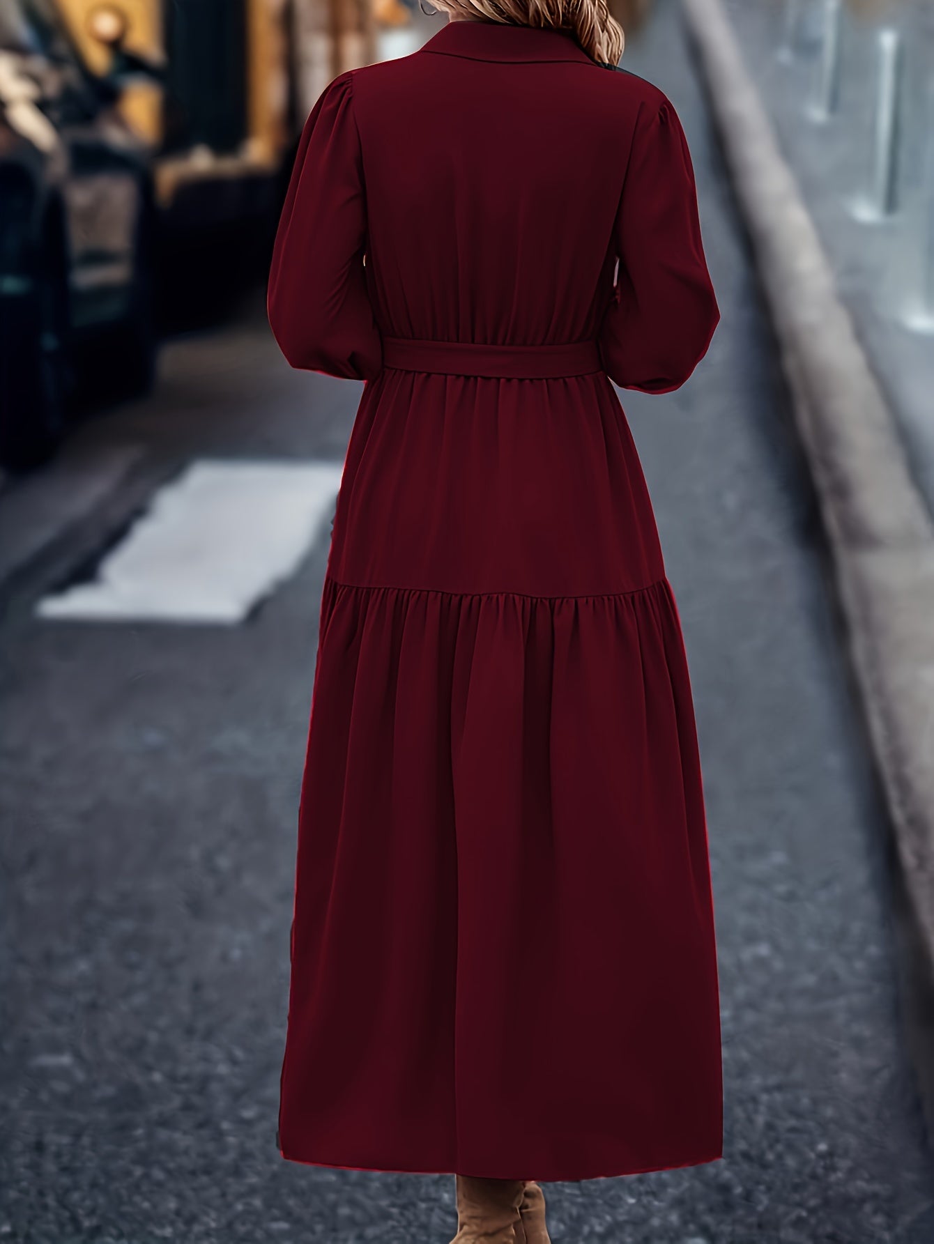 Women's Middle Eastern Style Polyester Shirt Dress with Lantern Sleeves and Ruffled Hem for Spring Fall